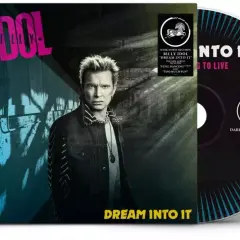 Okładka albumu Billy Idol "Dream Into It" z jego zdjęciem i płytą CD. Nowe utwory Billy Idol na płycie.