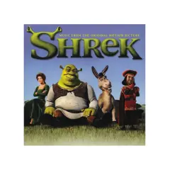 Okładka albumu "Shrek" z postaciami: Fioną, Shrekiem, Osłem i Lordem Farquaadem. Idealna do słuchania, gdy masz ochotę na piosenkę ze Shreka.