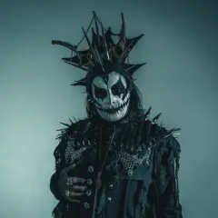 Postać w makijażu przypominającym czaszkę, z kolcami i łańcuchami, idealna do **death metal**owej sesji.