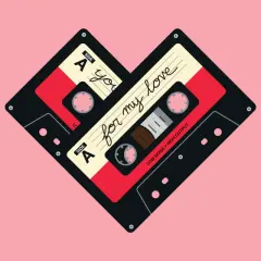 Dwie kasety magnetofonowe ułożone w kształt serca, z napisem "for my love". Idealne do odtworzenia ulubionej ballady romantycznej.