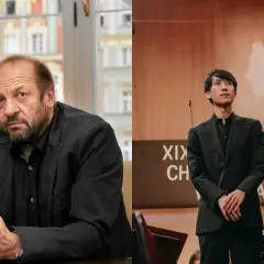 Zbigniew Preisner, inspiracja dla młodych talentów, obok młodego pianisty na scenie.