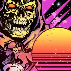 Mroczna postać z czaszką i płonącymi oczami na tle kosmosu i zachodzącego słońca w stylu **synthwave**.