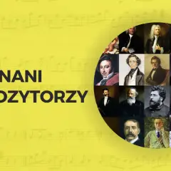 Znani kompozytorzy romantyzmu w kolażu portretów na tle nut.