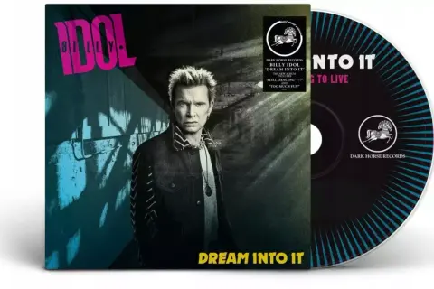 Okładka albumu Billy Idol "Dream Into It" z jego zdjęciem i płytą CD. Nowe utwory Billy Idol na płycie.