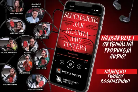 Grupa bookstagramerów prezentuje **bajm utwory** z książki "Słuchajcie, jak kłamią" Amy Tintera.