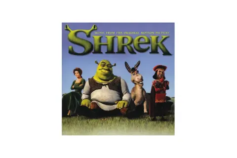 Okładka albumu "Shrek" z postaciami: Fioną, Shrekiem, Osłem i Lordem Farquaadem. Idealna do słuchania, gdy masz ochotę na piosenkę ze Shreka.