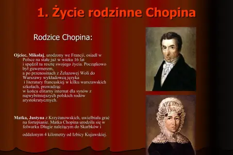 Portrety rodziców Fryderyka Chopina. Krótka biografia jego ojca, Mikołaja, francuskiego guwernera, i matki, Justyny, pianistki.