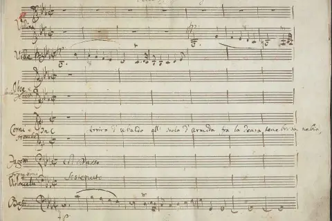 Stary rękopis nutowy, uwertura "Sinfonia in Pantomima". Widoczne instrumenty: skrzypce, obój, rogi, fagoty, wiolonczele, basy.