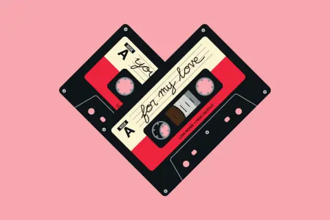 Dwie kasety magnetofonowe ułożone w kształt serca, z napisem "for my love". Idealne do odtworzenia ulubionej ballady romantycznej.