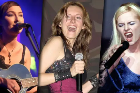 Trzy wokalistki na scenie, każda z mikrofonem. Wśród nich widać **varius manx utwory** w wykonaniu artystek.