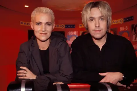 Roxette członkowie: Marie Fredriksson i Per Gessle pozują do zdjęcia w studiu radiowym.