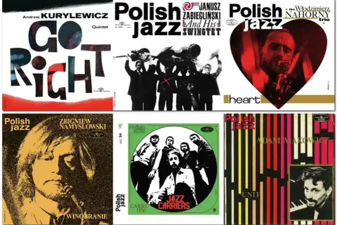 Kolekcja okładek płyt z gatunku polski jazz: Andrzej Kurylewicz, Janusz Zabiegliński, Włodzimierz Nahorny, Zbigniew Namysłowski, Jazz Carriers, Adam Makowicz.