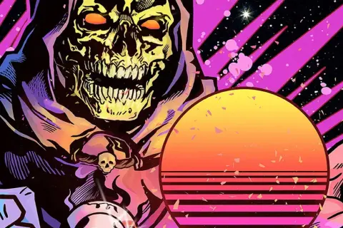 Mroczna postać z czaszką i płonącymi oczami na tle kosmosu i zachodzącego słońca w stylu **synthwave**.
