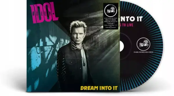 Okładka albumu Billy Idol "Dream Into It" z jego zdjęciem i płytą CD. Nowe utwory Billy Idol na płycie.