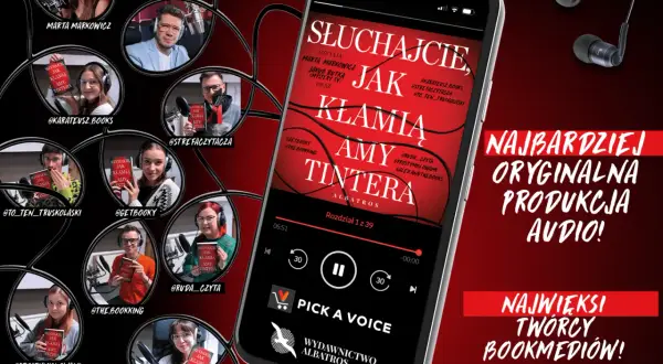 Grupa bookstagramerów prezentuje **bajm utwory** z książki "Słuchajcie, jak kłamią" Amy Tintera.