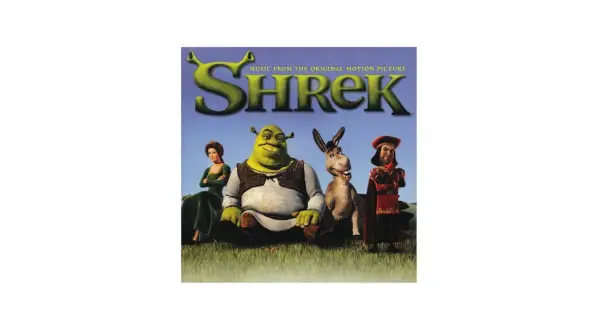 Okładka albumu "Shrek" z postaciami: Fioną, Shrekiem, Osłem i Lordem Farquaadem. Idealna do słuchania, gdy masz ochotę na piosenkę ze Shreka.