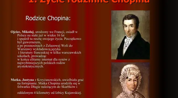 Portrety rodziców Fryderyka Chopina. Krótka biografia jego ojca, Mikołaja, francuskiego guwernera, i matki, Justyny, pianistki.