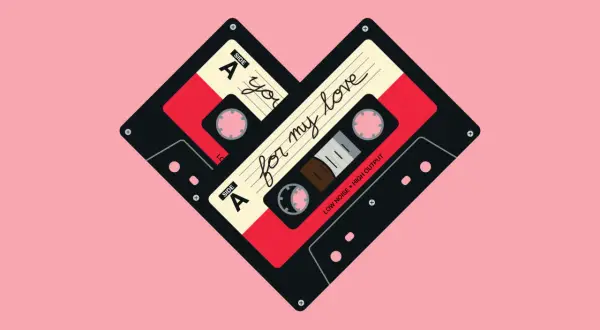 Dwie kasety magnetofonowe ułożone w kształt serca, z napisem "for my love". Idealne do odtworzenia ulubionej ballady romantycznej.