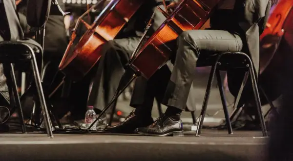 Orkiestra grająca muzykę filmową. Widoczne fragmenty instrumentów i eleganckie buty muzyków.