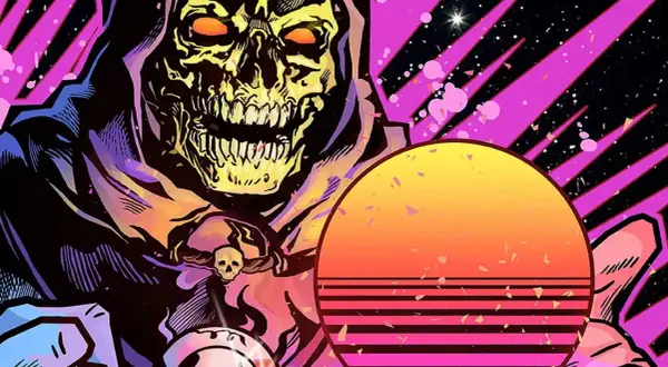 Mroczna postać z czaszką i płonącymi oczami na tle kosmosu i zachodzącego słońca w stylu **synthwave**.