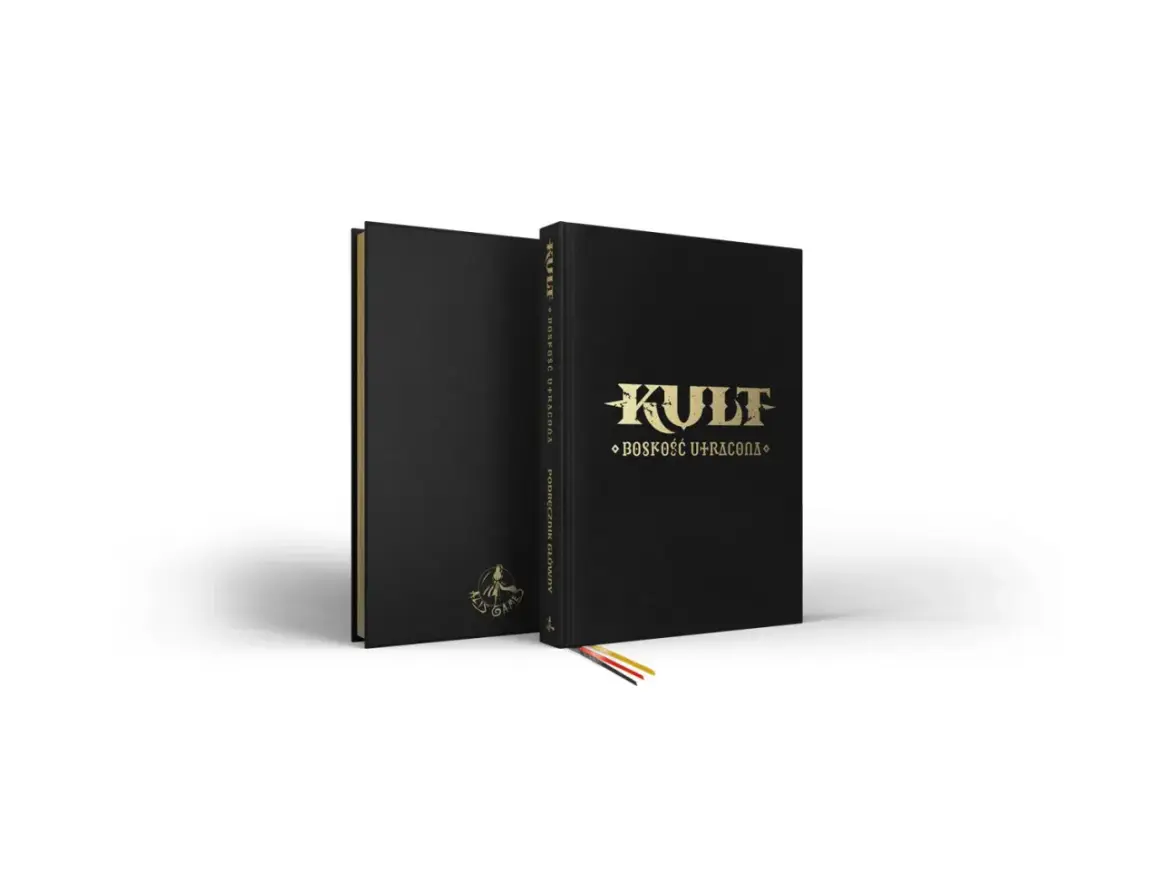 Dwie czarne księgi z złotymi napisami "KULT" i "Boskość Utracona". Podręcznik główny do gry RPG.