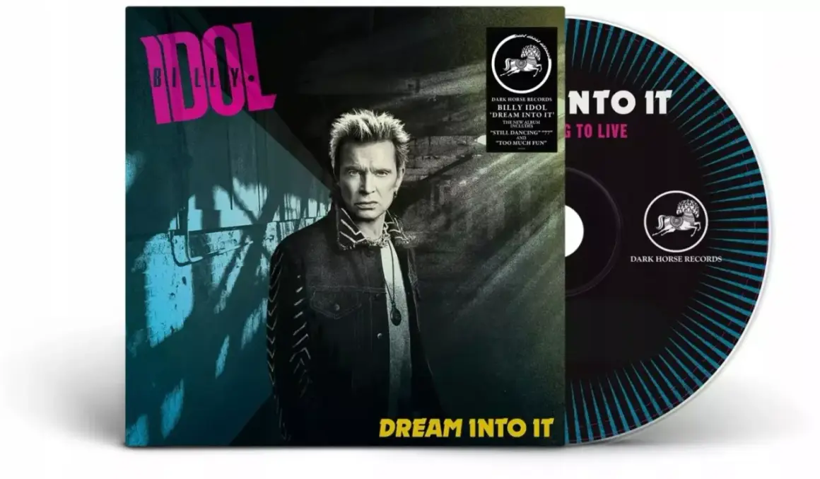 Okładka albumu Billy Idol "Dream Into It" z jego zdjęciem i płytą CD. Nowe utwory Billy Idol na płycie.