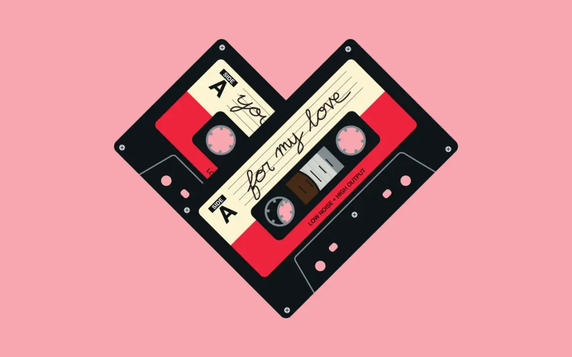 Dwie kasety magnetofonowe ułożone w kształt serca, z napisem "for my love". Idealne do odtworzenia ulubionej ballady romantycznej.