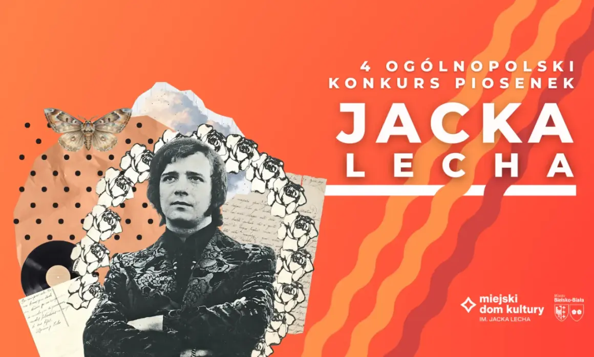 Plakat 4. Ogólnopolskiego Konkursu Piosenek Jacka Lecha. Kolaż z portretem artysty, ćmą, różami i nutami.
