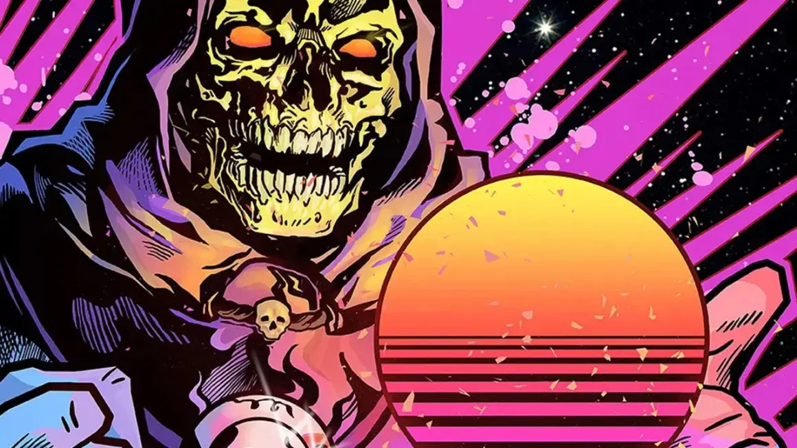 Mroczna postać z czaszką i płonącymi oczami na tle kosmosu i zachodzącego słońca w stylu **synthwave**.