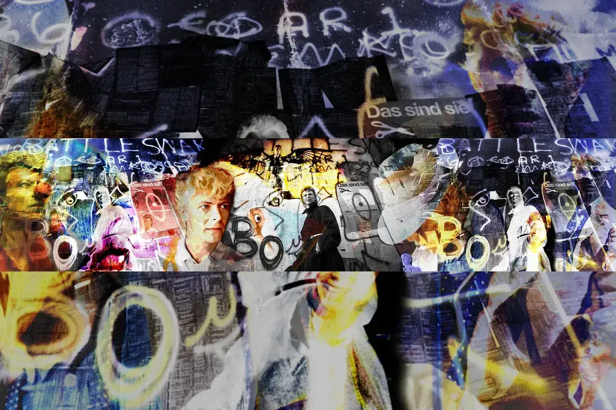Kolaż z wizerunkami Davida Bowiego, fragmentami gazet i graffiti. Wiele jego utworów można odnaleźć w tej artystycznej kompozycji.