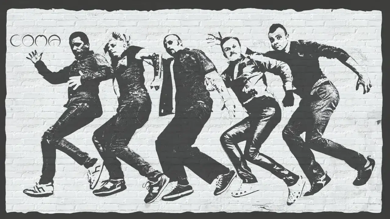 Grafika z logo COMA i pięcioma mężczyznami w ruchu. Ich dynamiczne pozy sugerują energię i ruch, jakby byli w trakcie występu.