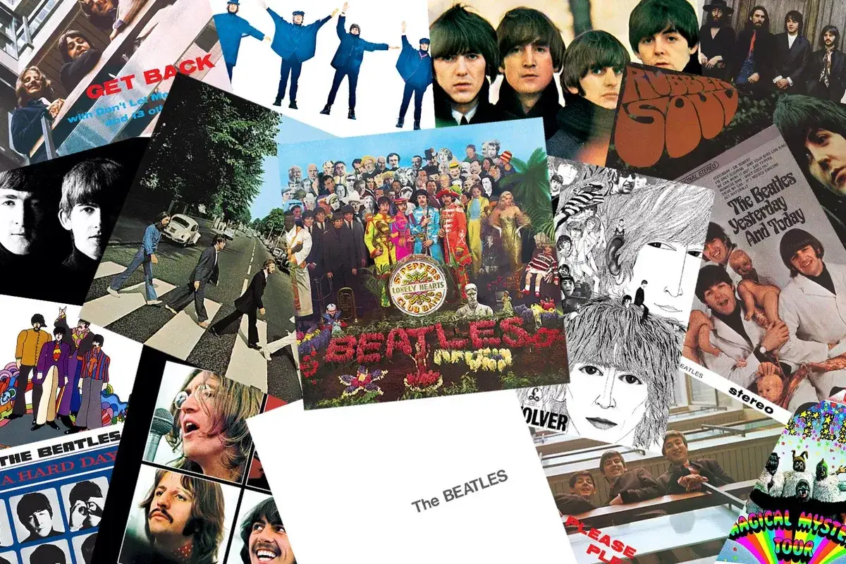Kolaż okładek płyt The Beatles: Abbey Road, Sgt. Pepper, A Hard Day's Night i inne kultowe utwory.