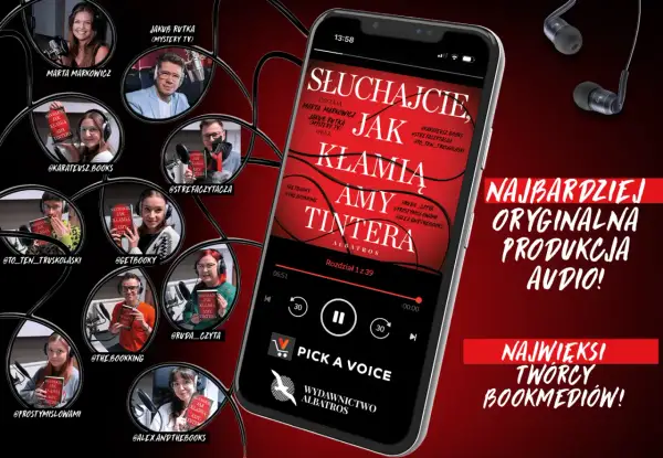Grupa bookstagramerów prezentuje **bajm utwory** z książki "Słuchajcie, jak kłamią" Amy Tintera.