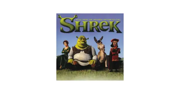 Okładka albumu "Shrek" z postaciami: Fioną, Shrekiem, Osłem i Lordem Farquaadem. Idealna do słuchania, gdy masz ochotę na piosenkę ze Shreka.