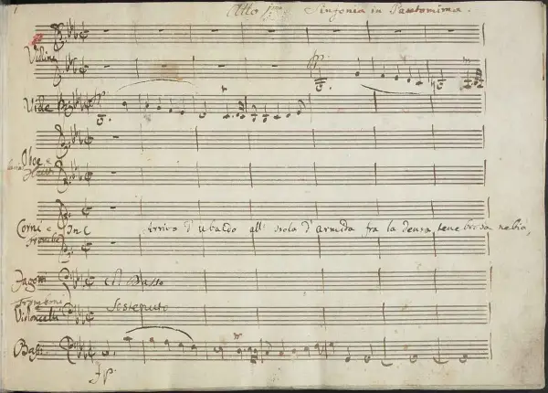 Stary rękopis nutowy, uwertura "Sinfonia in Pantomima". Widoczne instrumenty: skrzypce, obój, rogi, fagoty, wiolonczele, basy.