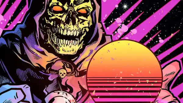 Mroczna postać z czaszką i płonącymi oczami na tle kosmosu i zachodzącego słońca w stylu **synthwave**.